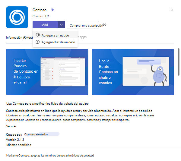 Captura de pantalla de la instalación de aplicaciones personalizadas en Teams con la opción Agregar resaltada.