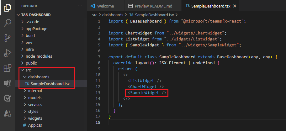 Captura de pantalla que muestra el archivo sampleDashboard existente en Visual Studio Code.