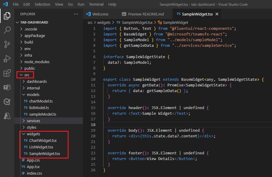 Captura de pantalla que muestra la creación de sampleWidget.tsx en los widgets de Visual Studio Code.