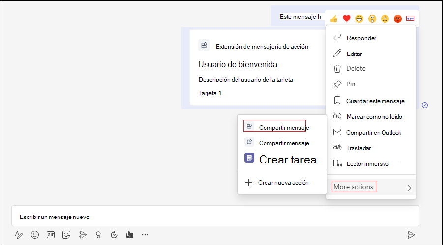 Captura de pantalla que muestra el menú de desbordamiento del mensaje. Las acciones Compartir mensaje y Más se resaltan en rojo.