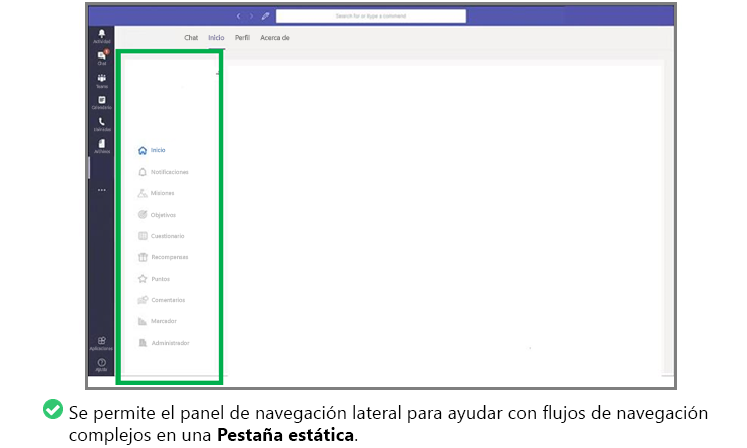 El gráfico muestra un ejemplo de navegación en una pestaña que no entra en conflicto con la navegación principal de Teams.