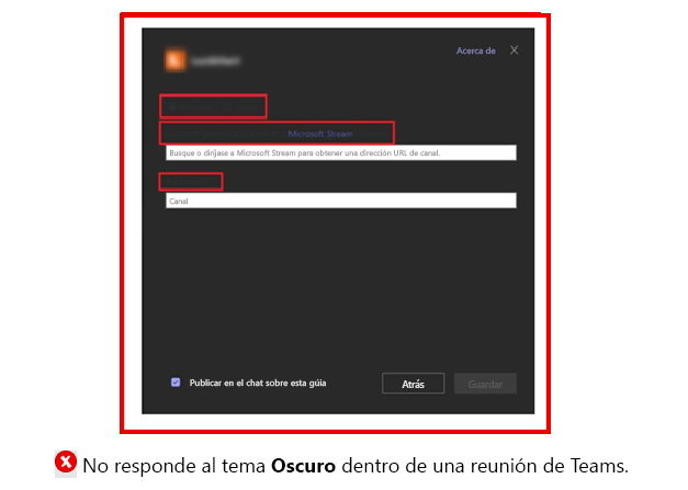 El gráfico muestra un ejemplo de una pestaña que no responde al tema en Teams.