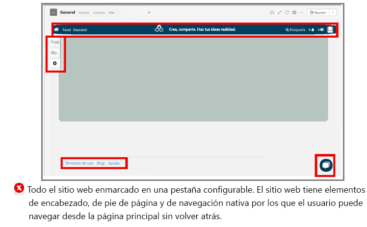 El gráfico muestra un ejemplo de una aplicación con todo el sitio web en un marco I sin ninguna opción de retroceso.