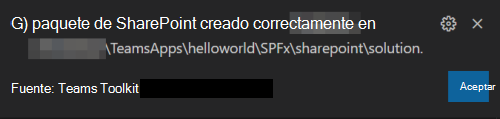 Captura de pantalla del mensaje spfx app package