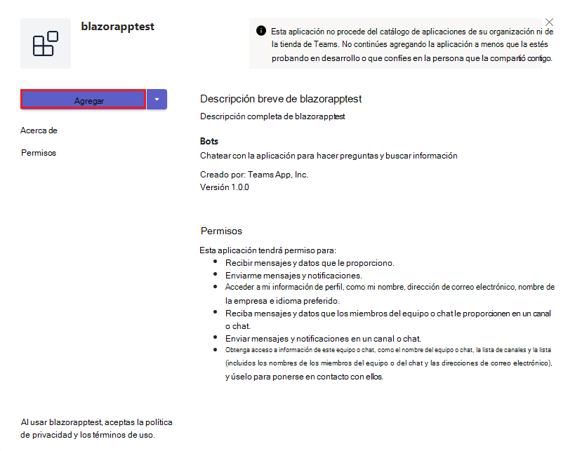Captura de pantalla que muestra Teams que muestra la opción Agregar para agregar la aplicación Blazor.