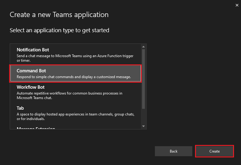 Captura de pantalla de Crear una nueva aplicación de Teams con las opciones Bot de comandos y Crear resaltadas en rojo.