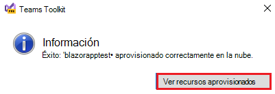 Captura de pantalla del kit de herramientas de Teams con ver los recursos aprovisionados resaltados en rojo.