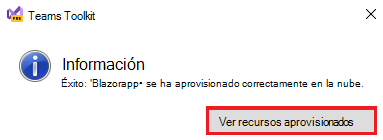 Captura de pantalla del kit de herramientas de Teams con ver los recursos aprovisionados resaltados en rojo.