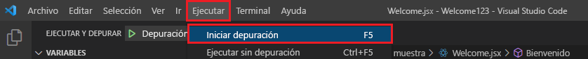 Captura de pantalla que muestra la opción Iniciar depuración.