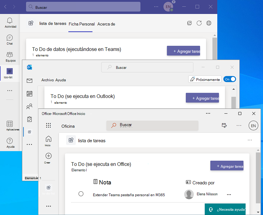 La captura de pantalla es un ejemplo que muestra la pestaña Personal que se ejecuta en Outlook, Microsoft 365 y Teams.