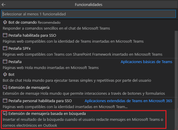 Captura de pantalla que muestra la paleta de comandos Crear una nueva aplicación de Teams VS Code para mostrar las opciones de ejemplo de Teams.