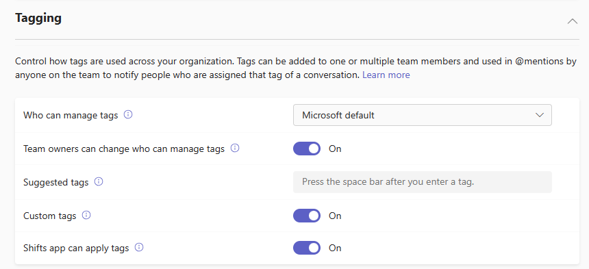 Captura de pantalla de la configuración de etiquetado en el Centro de administración de Microsoft Teams.