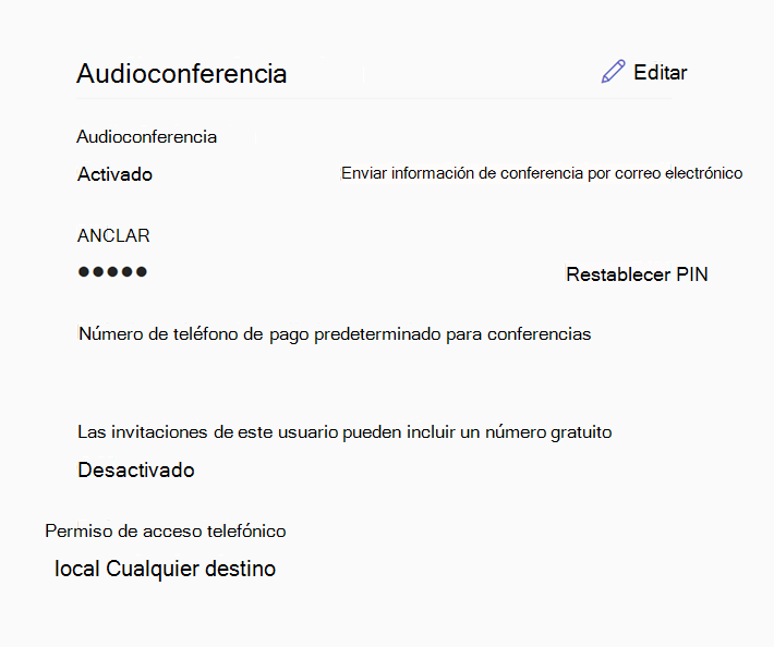 Captura de pantalla de la configuración de Audioconferencia de un usuario en el Centro de Administración de Microsoft Teams.