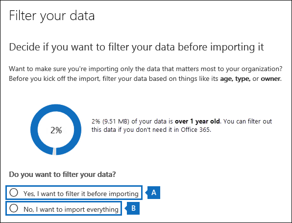 Puede recortar los datos de los archivos PST o importarlo todo.