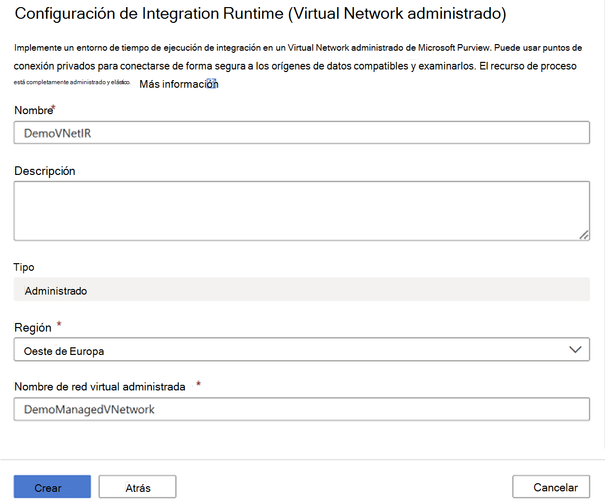 Captura de pantalla que muestra cómo crear una Integration Runtime de red virtual administrada con detalles