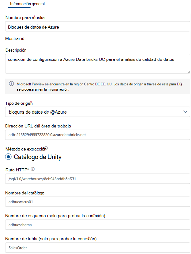 Captura de pantalla que muestra cómo configurar la conexión uc de databricks.