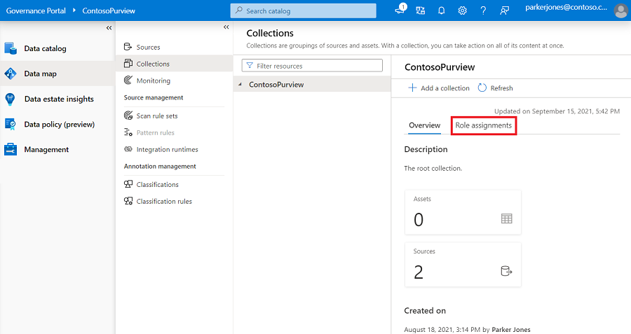 Captura de pantalla de la ventana del portal de gobernanza de Microsoft Purview, abierta en el mapa de datos, con la pestaña Asignaciones de roles resaltada.