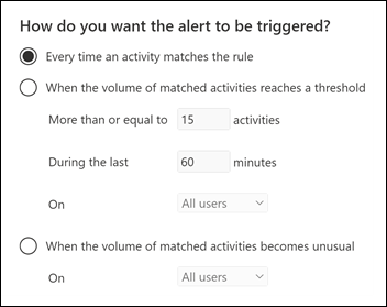 Configure cómo se desencadenan las alertas, en función de cuándo se produce la actividad, un umbral o una actividad inusual para su organización.