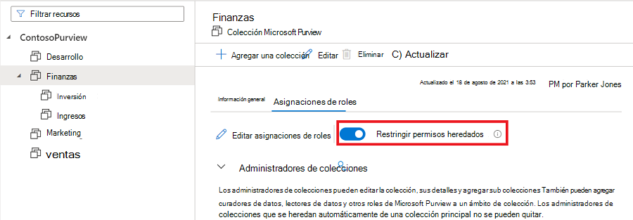 Captura de pantalla de la ventana de recopilación del portal de gobernanza de Microsoft Purview, con la pestaña Asignaciones de roles seleccionada y el botón de diapositiva Permisos heredados sin restricciones resaltado.