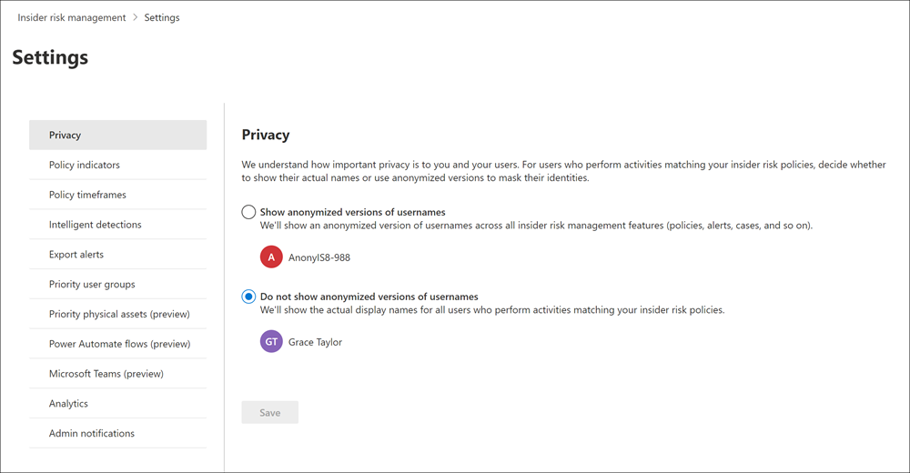 Configuración de privacidad de administración de riesgos internos.