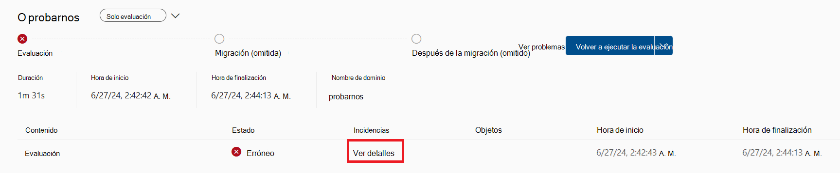 Captura de pantalla de la página de combinación de cuentas, con una evaluación errónea seleccionada y el botón ver detalles resaltado.