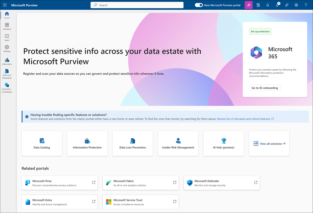 Página principal del portal de Microsoft Purview.