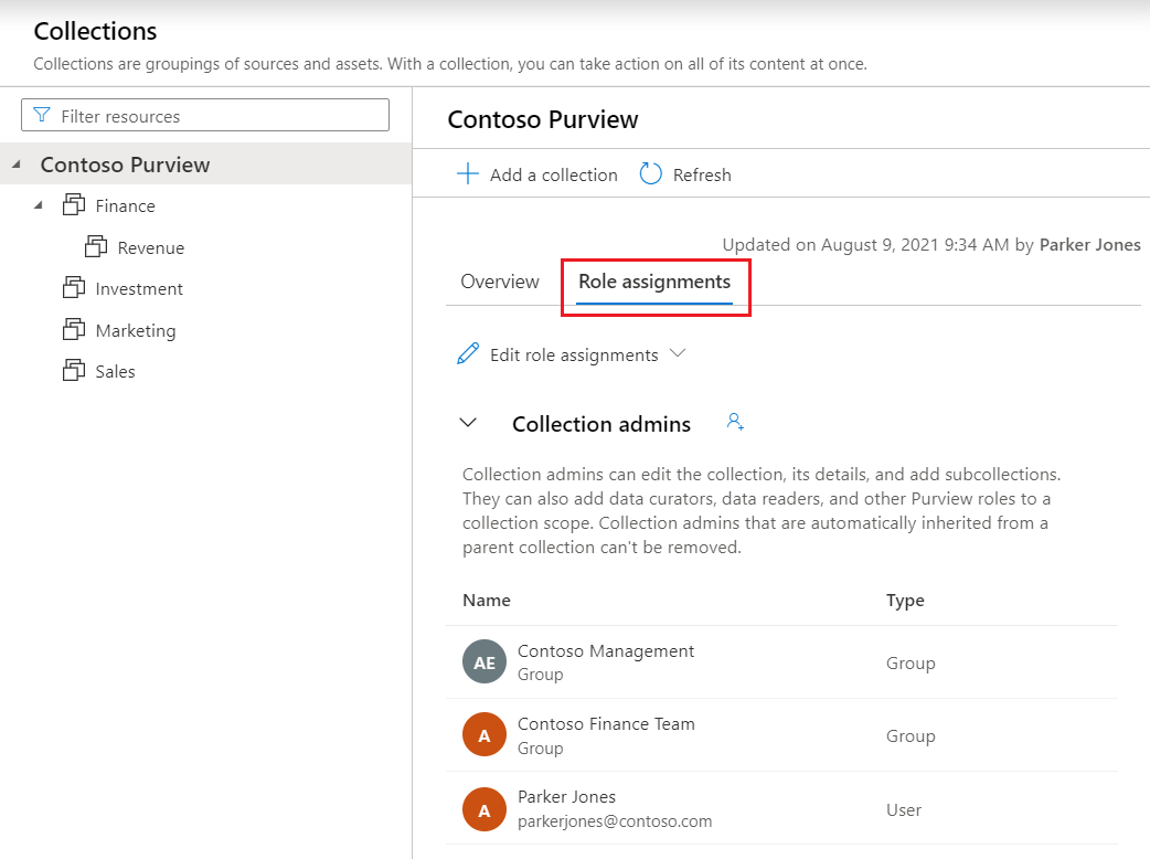 Captura de pantalla de la ventana del portal de gobernanza de Microsoft Purview, abierta en el mapa de datos, con la pestaña Asignaciones de roles resaltada.