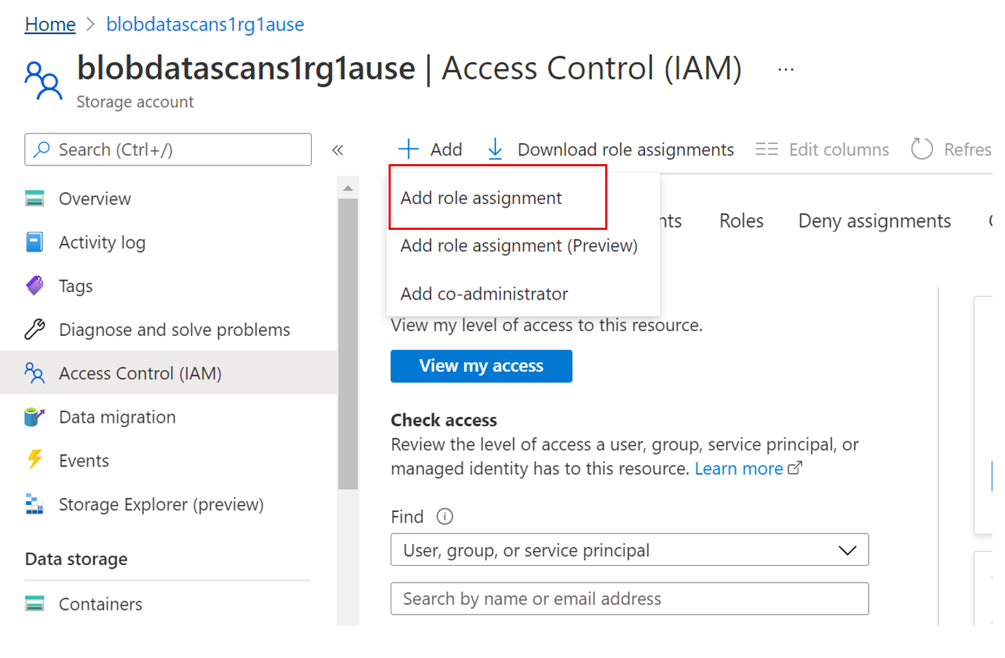 Captura de pantalla que muestra el control de acceso de la cuenta de almacenamiento