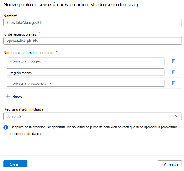 Configuración del punto de conexión privado administrado para Snowflake