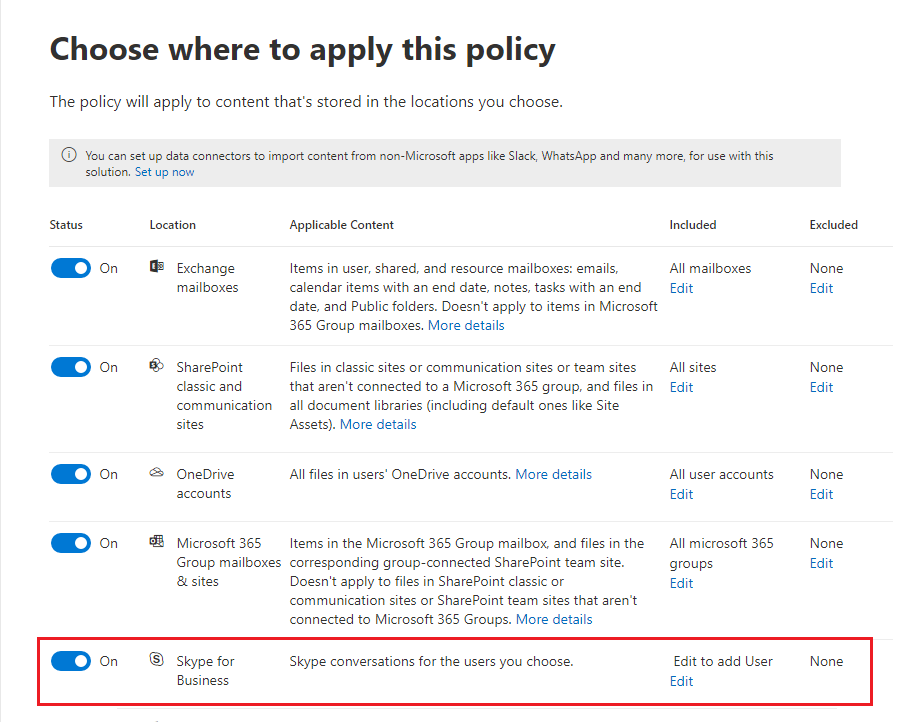 La ubicación de la directiva de retención Skype Empresarial requiere que agregue usuarios manualmente.