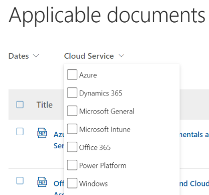 Filtre los documentos disponibles por servicio en la nube.