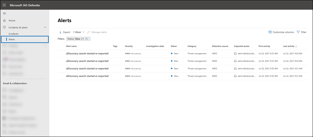 En el portal de Microsoft Defender, seleccione Incidentes & alertas y, a continuación, seleccione Alertas.