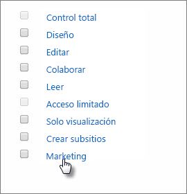 Elija un nivel de permisos denominado Marketing.