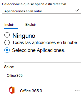 Captura de pantalla de la aplicación en la nube de Office 365 en una directiva de acceso condicional de Microsoft Entra