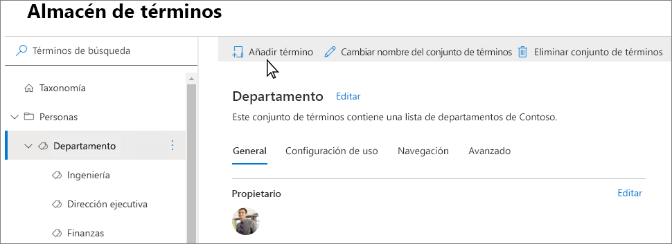 Captura de pantalla de la página del almacén de términos en el Centro de administración de SharePoint con Agregar término resaltado.