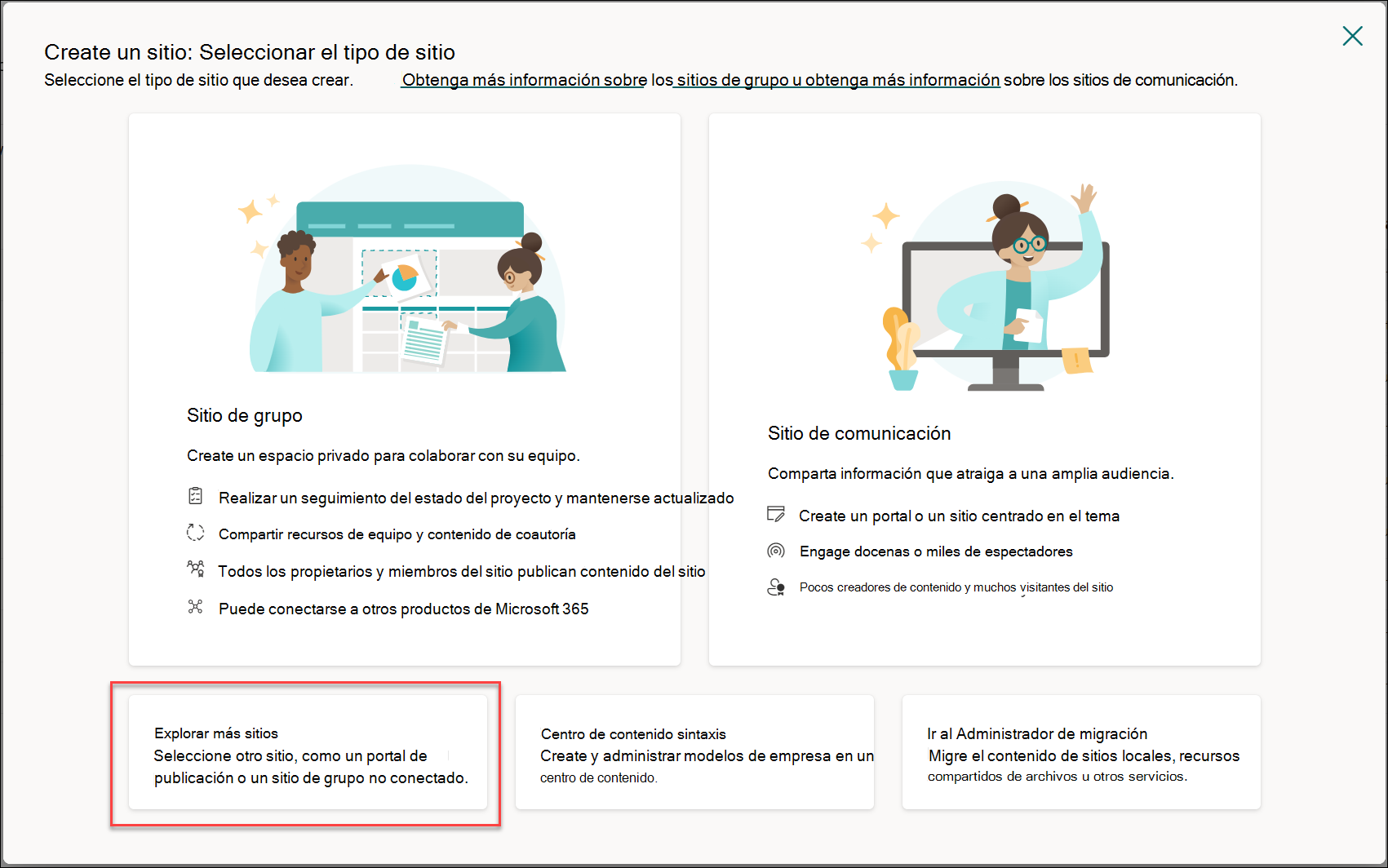 Imagen del panel de creación del sitio con los controles de administración resaltados.