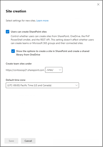 Configuración de creación de sitios en el Centro de administración de SharePoint