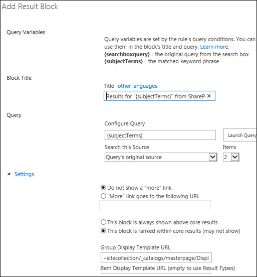 Captura de pantalla del cuadro de diálogo Agregar bloque de resultados en SharePoint Server 2013