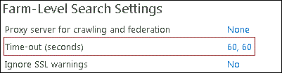 Captura de pantalla de la configuración del tiempo de espera del rastreador en la página Administración de búsqueda de la granja de servidores