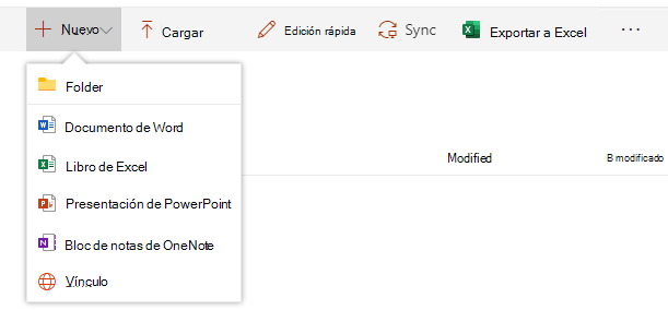 Captura de pantalla que muestra el botón Nuevo con extensiones de archivo en el explorador de la biblioteca de SharePoint.