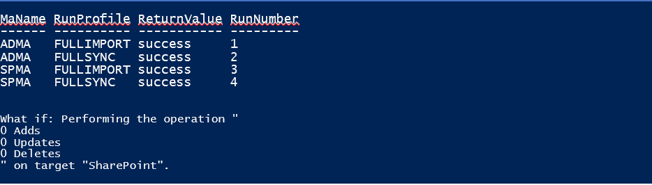 Resultado del cmdlet Start-SharePointSync cuando se ejecuta con los modificadores -Verbose y -Whatif.