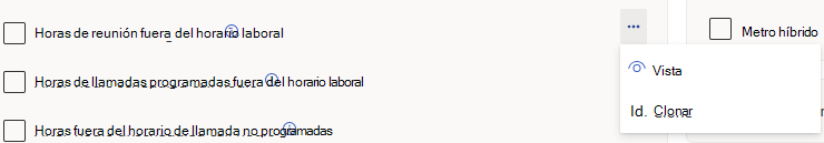 Captura de pantalla que muestra la opción Horas de reunión fuera del horario laboral en Ver y clonar.