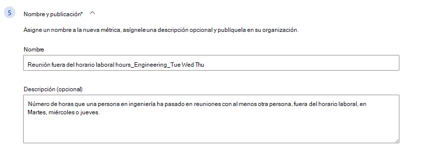 Captura de pantalla que muestra el paso Nombre y Publicación con un nombre y una descripción editados.