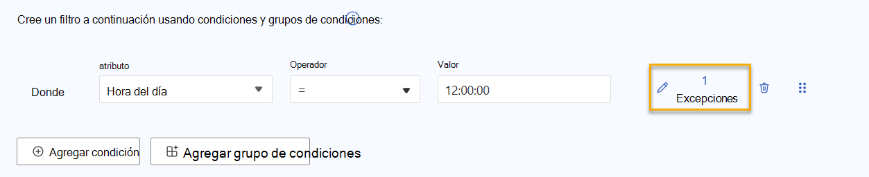 Captura de pantalla que muestra un filtro con el vínculo 1 excepciones resaltado.