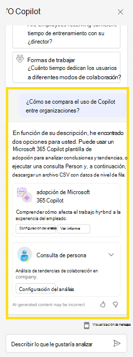 Captura de pantalla que muestra cómo Copilot puede sugerir consultas basadas en su pregunta.