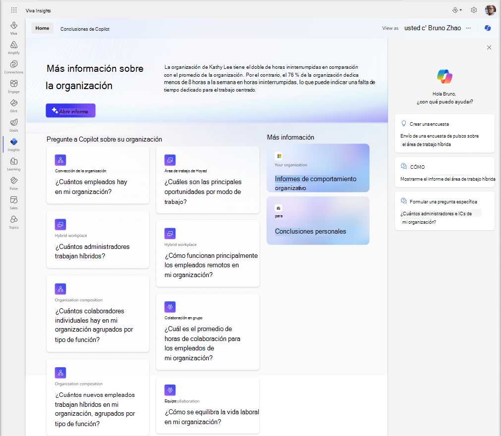 Captura de pantalla que muestra los informes de Copilot para obtener información de la organización.