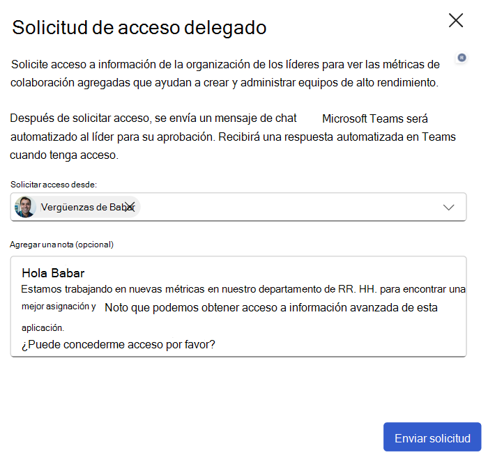 Captura de pantalla que muestra cómo solicitar el acceso delegado.