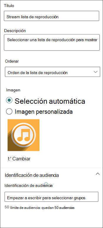 Captura de pantalla del panel de propiedades de la lista de reproducción de Stream que muestra las opciones de personalización de la lista de reproducción.