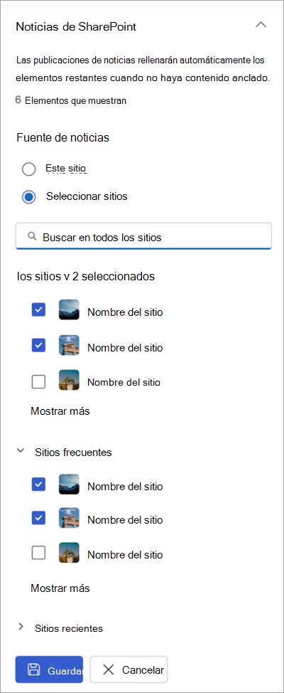 Captura de pantalla del panel de propiedades de configuración de contenido destacado que muestra los sitios de noticias de SharePoint disponibles.