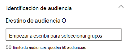 Captura de pantalla de la sección de destinatarios de audiencia en el panel propiedades de la tarjeta Eventos.